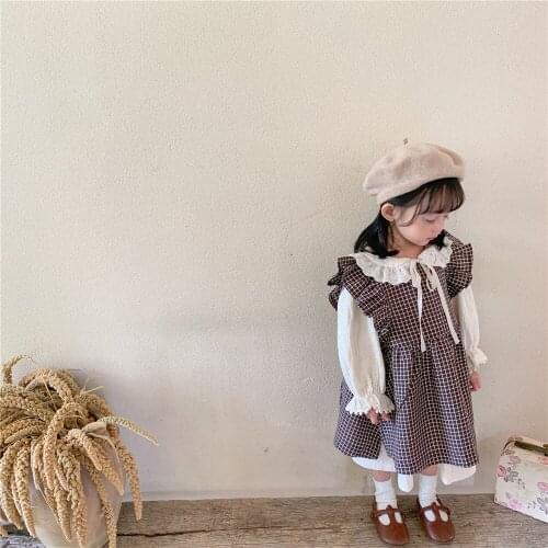Korean Childrens Dresses Sets 2021 Spring Autumn New Spring and Autumn Girls Suit Baby Long-sleeved Plaid Dress Two-piece Suit