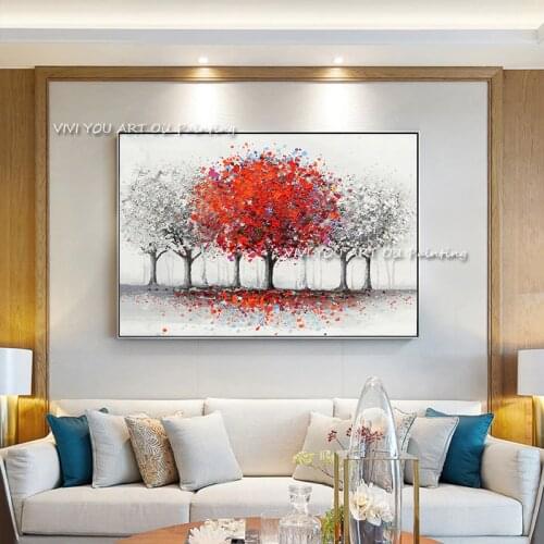 Red Pink Forest White Posters Tree Handmade Canvas Painting Wall Art Picture for Living Room Cuadros Decor Salon High Quality