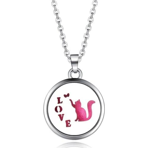 Love Cat Aroma Box Pendant Necklace Stainless Steel Aromatherapy Essential Oil Diffuser Perfume Locket Pendant Fine Jewelry 27mm