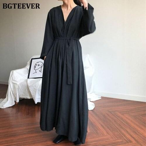BGTEEVER 2019 Spring V-neck Long-Sleeved Women Shirt Dress Single-breasted Lace-up Dress Vintage Casual Loose Female Dress