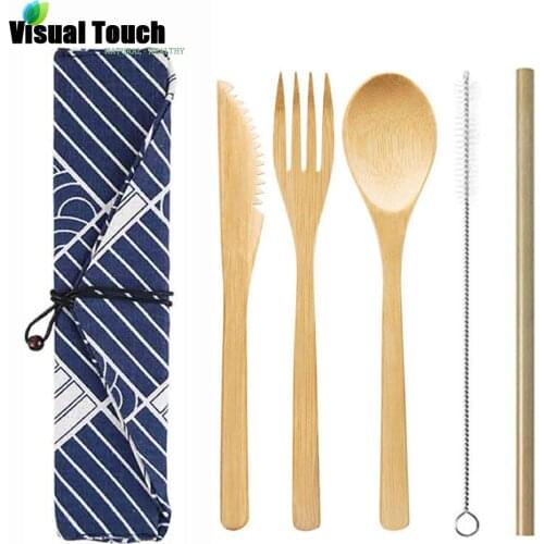 Portable Eco-friendly Tableware Bamboo Cutlery Set With Spoon Fork Chopsticks Straw Brush Travel Dinnerware Suit With Cloth Bag