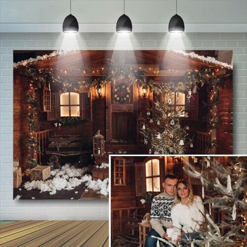 Christmas Wood House Photography Backdrop Adult Kids Portrait Wreath Trees Decor Background Glitter Light Child Baby Photostudio