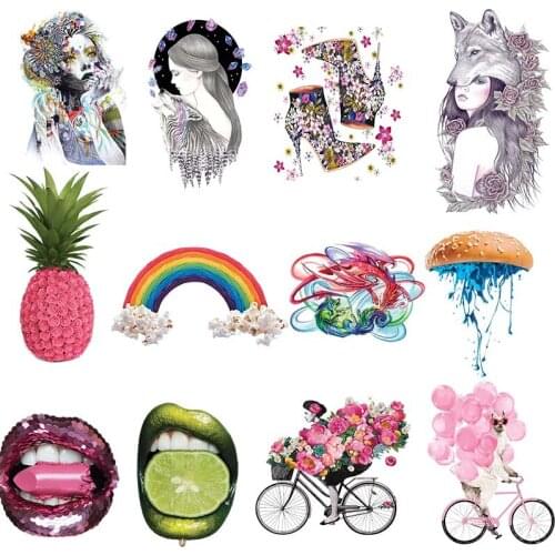 Gilrs in Flowers Sexy Lips Pineapple Iron On Heat Transfer Printing Patches Stickers For Clothes T-shirt Bags Washable Appliques