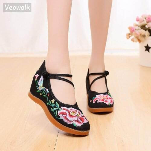 Veowalk Women Instep Strap Canvas Embroidered Flat Platforms Vintage Floral Embroidery Comfort Shoes for Elegant Ladies