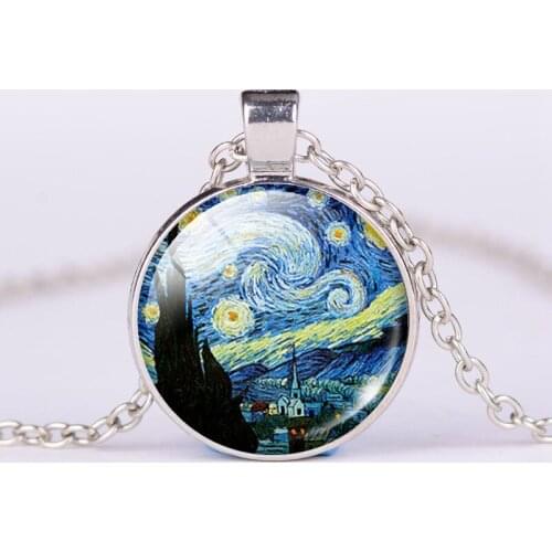 Vintage Starry Night Van Gogh Jewelry Handmade Glass Cabochon Tibetan Silver Pendant Necklace Christmas Gift