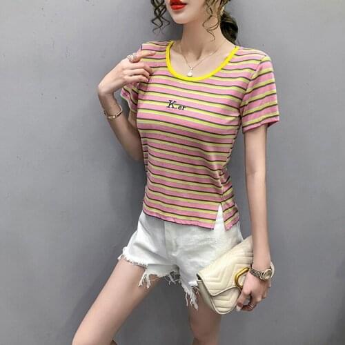 Women T Shirt Harajuku Striped T-shirt Women Short Sleeve T-shirt Summer 2020 Slim Cotton Top