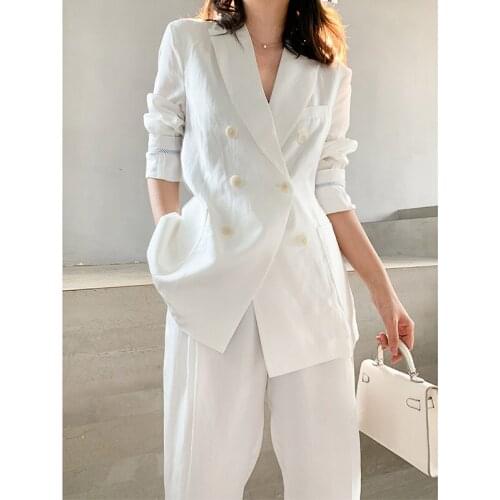 SE029 Pure White Cotton Linen Blazer Two Piece Set Womens Casual Notched Double-breasted Suit Zipper Pencil Pants костюм женский