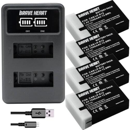 4Pcs 1860mAh LP-E12 LP E12 LPE12 Li-ion Battery + LCD USB Dual Charger for Canon EOS M50, EOS M100,100D Kiss X7 Rebel SL1 Camera