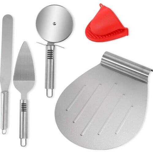 5Pcs Stainless Steel Pizza Cutter Set Pizza Wheel Slicer Cake Bread Pies Round Knif Kitchen Cutting Pizza Peel Shovel Bake Mitts