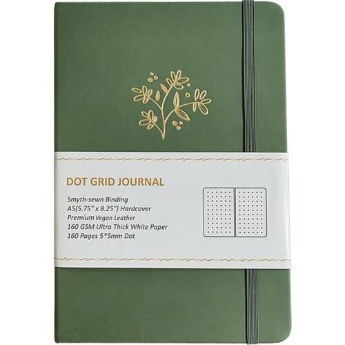 Free Shipping High End Lay Flat Olive Green PU Leather Flower Art Journal With Dot White Paper