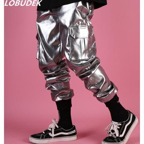 New Imitation Leather Silver Cargo Pants Bar Stage Trendy Men Rock Singer Hip Hop Dance Pocket Pants Male Loose Casual Trousers