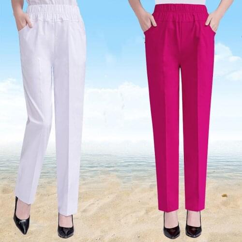 Womens Trousers Spring Summer Stretch Waist Cotton Pants Middle Old Mother Large Size Solid Casual Pants Plus Size L-7XL W2232