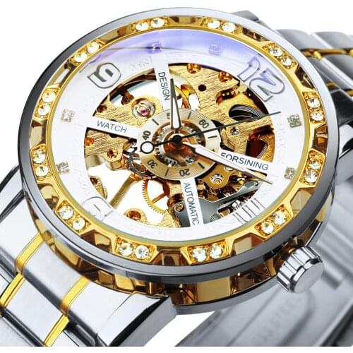 Forsining Transparent Skeleton Men Mechanical Watch Iced Out Watches Mens 2021 Luxury Royal Stainless Steel Band часы мужские