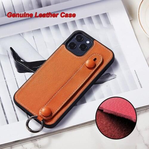 For iPhone 12 Pro Max 12Pro Mini 11 Pro Max 11Pro Case Genuine Leather Hand Band Strap Stand Holder Soft Back Cover Funda Coque