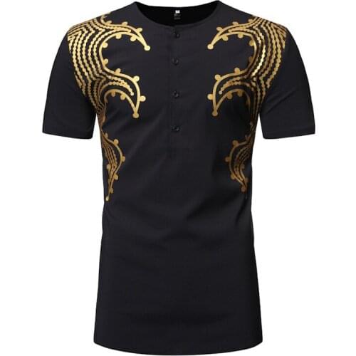 Black African Totem Bronzing Short Sleeve T Shirt Men Nice Fashion African Dashiki Dress Shirt Men Streetwear African Clothes