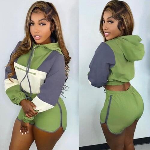 Hirigin Patchwork Two Piece Set Long Sleeve Hooded Crop Top Biker Shorts Fall Outfits Tracksuit Women Clothes Sexy Matching Sets