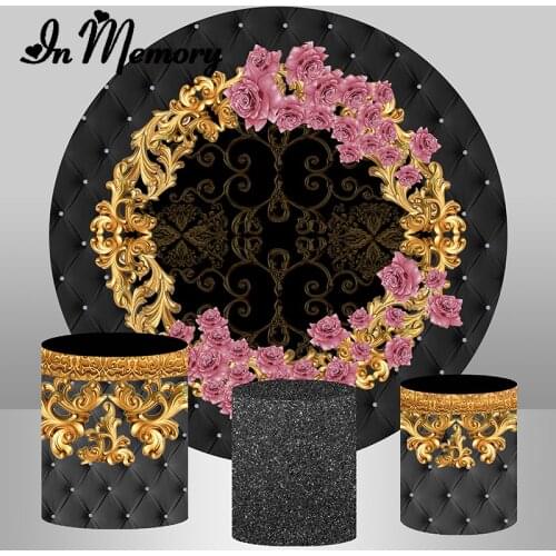 InMemory Black Gold Frame Pink Flower Round Backdrop Cover For Woman Birthday Wedding Party Circle Background Plinth Covers