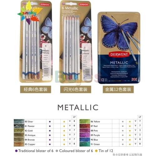 Original UK Derwent Metallic colors 6/12 color Metallic water soluble color pencil 3.5mm color lead pastel pencil art supplies