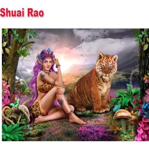 Beauty Fairy and Tiger 5d Pictures,Diy diamond painting Full Square Round puzzle diamond,Diamond painting Fantasy Art