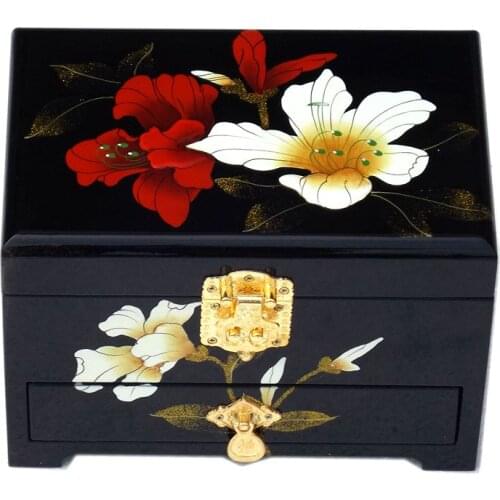 Chinese Lacquerware 3 Layer Wood Jewelry Drawer Box Wholesale Packaging with Lock Decoration Storage Boxes Wedding Jewelry Case