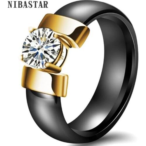 White Black 6mm Ceramic Rings Plus Cubic Zirconia For Women Gold Color Stainless Steel Women Wedding Ring Engagement Jewelry