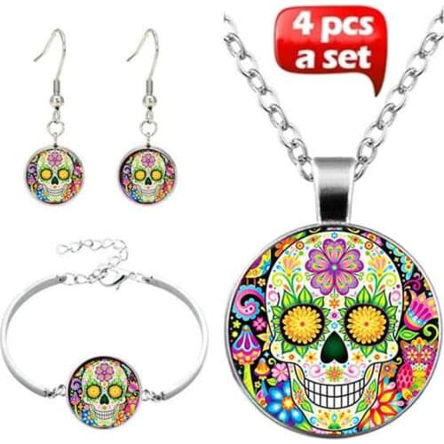 4 Pcs/Set New Fashion Glass Necklace Earrings Bangle Gothic Colorful Skull Art Picture Pendant Statement Chain For Women Jewelry