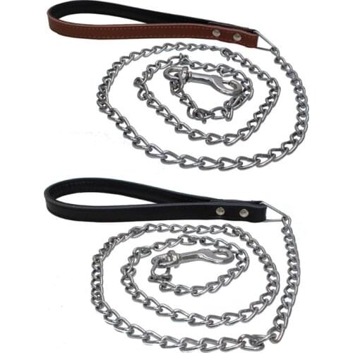 Leather Pet Puppy Dog Leash Iron Chain Anti-bite Walking Running Outdoor Train