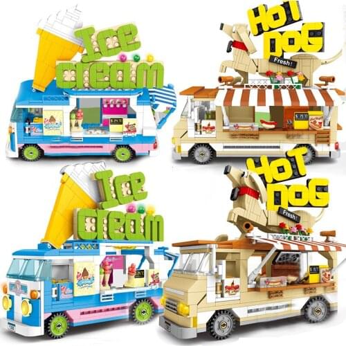 City Ice Cream Van Hot Dog Truck Model Building Blocks Kits Compatible Friends Vehicle Camping Car Food Shop DIY Toys