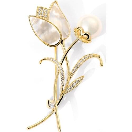 Fashion Tulip Brooch Elegant Rhinestone Pearl Brooch Ladies Jewelry High Quality