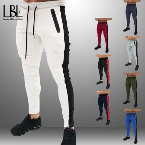Mens Casual Joggers Fitness Trousers Man Skinny Patchwork Cargo Pants Streetwear Male Slim Drawstring Thin Breathable Long Pants