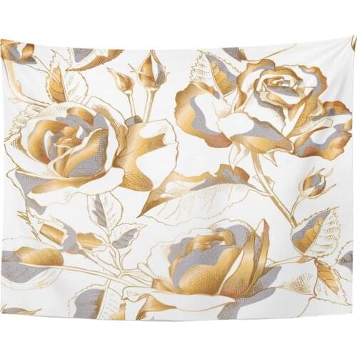 Black Floral with Gold Rose Flowers Leaves and Buds on White Golden Leaf Tapestry Home Decor Wall Hanging for Living Room