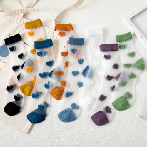 1 Pairs Summer New Ladies Cute Heart Love Tull Glass Silk Socks Women Lace Transparent Thin Mesh Nylon Sheer Hollow Multi Colour