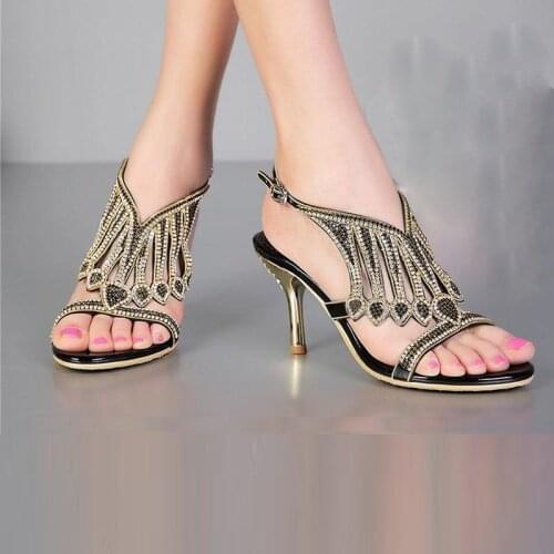 2018 new style brand women high heels sandals fashion tassel rhinestone crystal buckle summer pumps thick heeled lady shoes34-44