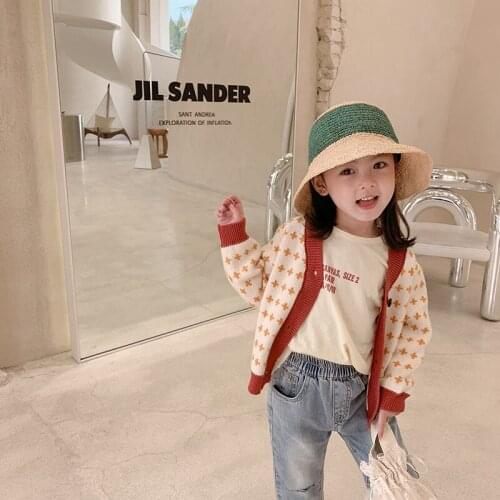 2021 New Spring and Autumn Girls' T-shirt Small Coat Sweater Cardigan Sweater Girls Sweater Toddler Cardigan Baby Sweater
