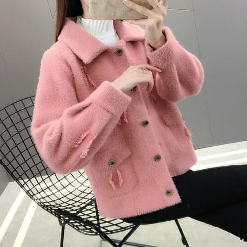 2021 New Female Faux Mink Cashmere Loose Sweater Cardigan Women Autumn and Winter Short Solid Knitted Cardigan Top Coat Y788