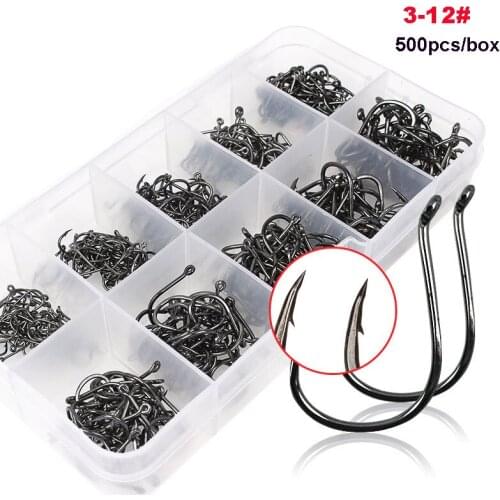 Lot 500 Pcs High Carbon Steel Fly Fishing Hooks 3#-12# Size Fishing Pesca Jig Hook with Fishing Tackle Box