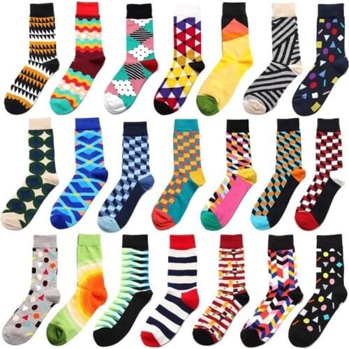 PEONFLY Men Socks Funny Geometric Striped Wave Rhomboid Lattice Wine Stitching Harajuku Hip Hop Happy Cotton Socks Street Style