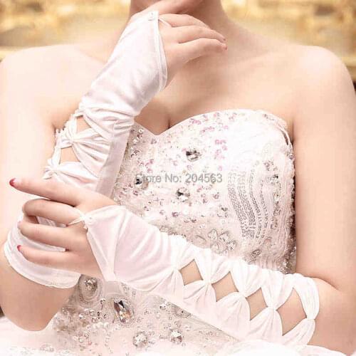 Elbow Length Wedding Party Fingerless Gloves Stunning Satin Bridal Gloves with Beads