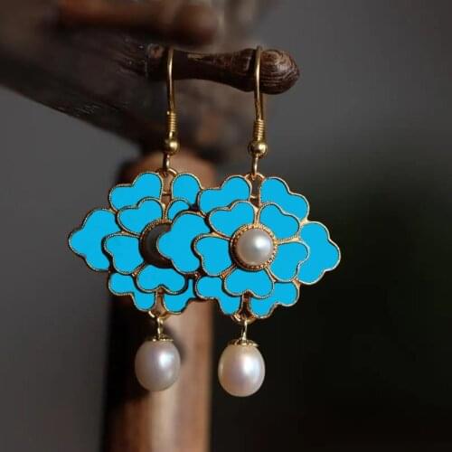 Cloisonne pearl enamel porcelain earrings flower gilt Chinese retro palace style exquisite unique charm womens brand jewelry