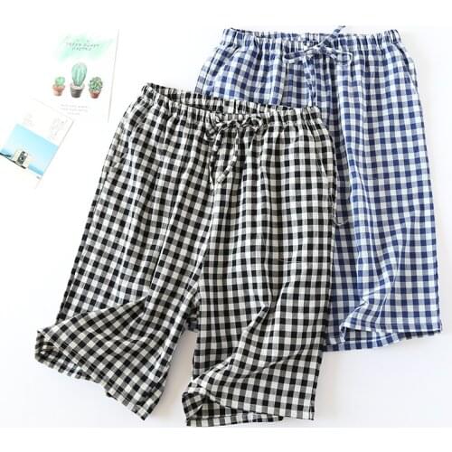 Pajama Pants Mens Cotton Home Pants Shorts Mens Gauze Pajama Pants Plaid Beach Pants Casual Pants Outer Wear Pyama Mannen