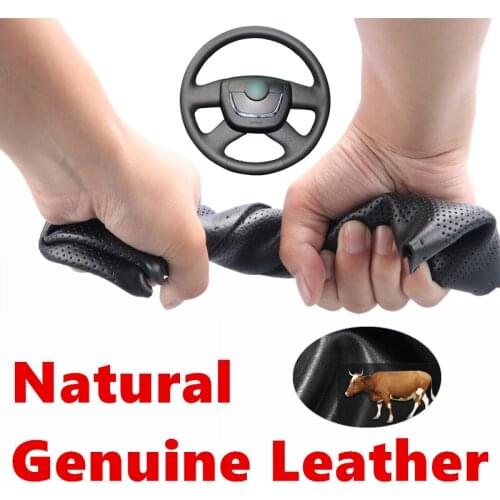 Hand stitched Black Genuine Calfskin Leather Brown Car Steering Wheel Cover For Skoda Octavia Citigo Roomster Fabia Superb Yeti
