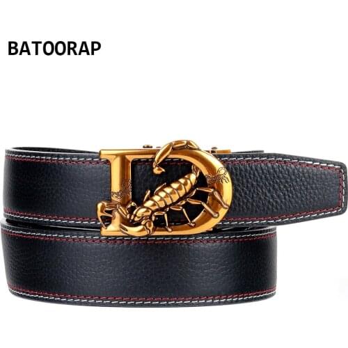 BATOORAP Mens Leather Belt Designer Fashion Jeans Waist Strap Gold Scorpion Click Buckle Cowhide Ratchet Belts Black TC-BL-D428