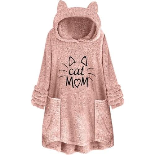 Harajuku Hoodie Sweatshirt Womens Fleece Embroidery Cat Ear Cat Mom Printed Blouse Top Warm Oversized Pockets Jackets Hoody Coat