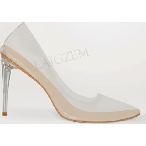 LAIGZEM CHIC Women Heels Stiletto Clear Heels 11CM PVC Transparent Party Prom Pumps Shoes Woman Ladies Shoes Woman 38 42 43