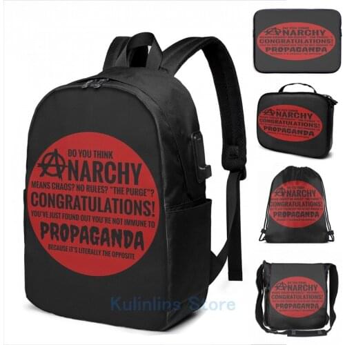 Funny Graphic print Anarchy vs Propaganda USB Charge Backpack men School bags Women bag Travel laptop bag