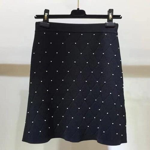 Elastic High Waist Womens Beaded Knitted Mini Skirt 2021 Autumn Ladies Black A-Line Mini Jupe
