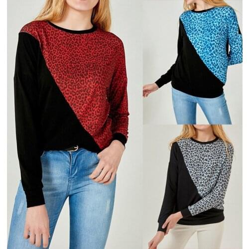 Fall 2019 Leopard Print Stitched Long-sleeved Round-necked Womens T-shirt Gray Red Blue Women Shirts