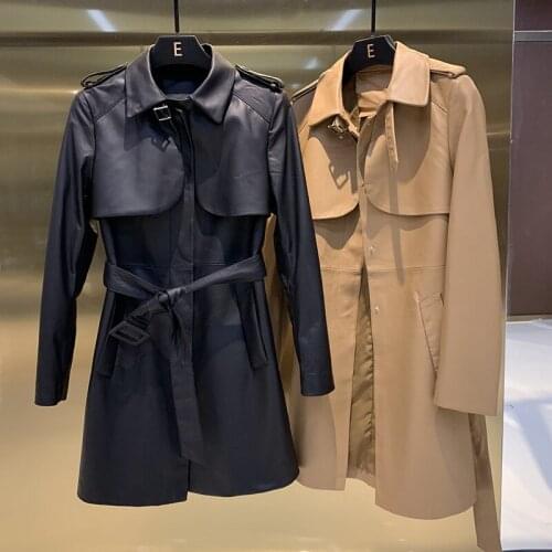 Women Top quality Sheepskin Real leather belt overcoat Autumn Womens Genuine leather Trench coat C489