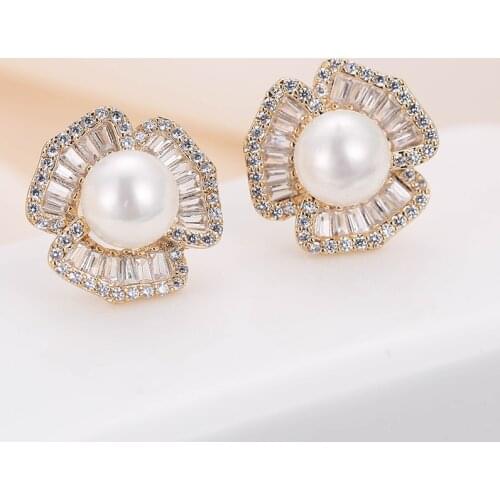 DE347 Fashion Street Snap Elegant Delicacy Imitation Pearl Flower Zircon Earring Gift Party Banquet WOMENS Jewelry Earrings