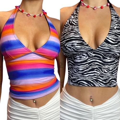 Y2k Female Summer Vest Striped V-Neck Strappy Halterneck Camisole Summer Sleeveless Tops for Women S/M/L